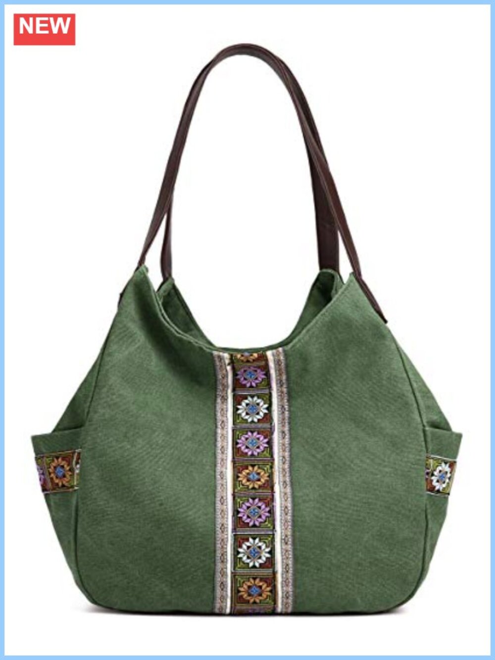 Women's Canvas Hobo Purse Multi Pocket Tote Embroidery Ethnic Top Handle